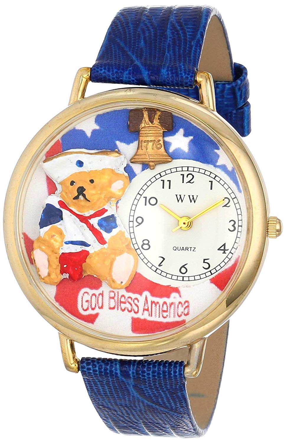 Whimsical Watches Patriotic Teddy Bear Royal Blue Leather and Goldtone Unisex Quartz Watch with White Dial Analogue Display and Multicolour Leather Strap G-0230004