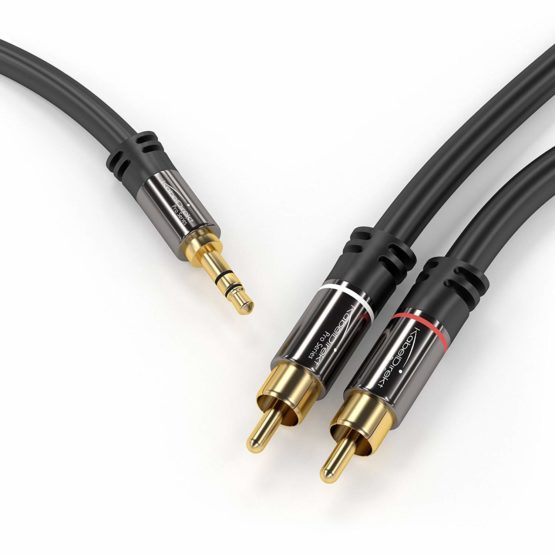 KabelDirekt – 5m – Aux/3.5mm to RCA/phono male adapter cable, 2x RCA/phono plugs (Y splitter audio cable, for connecting smartphones/notebooks and other equipment to Hi-Fi systems/speakers, black) - Image 2