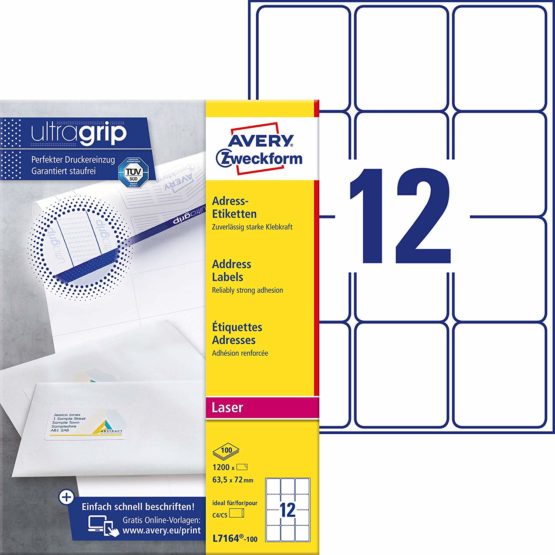 Avery Purpose Form L7164-100 Address-Labels, 63.5 x 72 mm, 100 Sheet/1.200 Labels, White