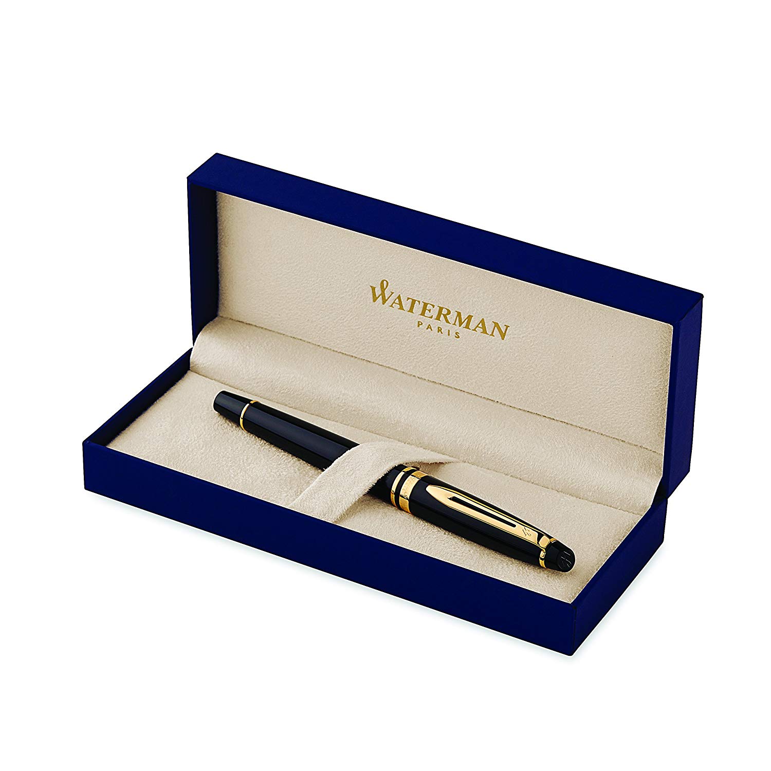 Waterman Expert Rollerball Pen Gloss Black with 23 k Gold Trim Fine Point Black Ink Gift Box