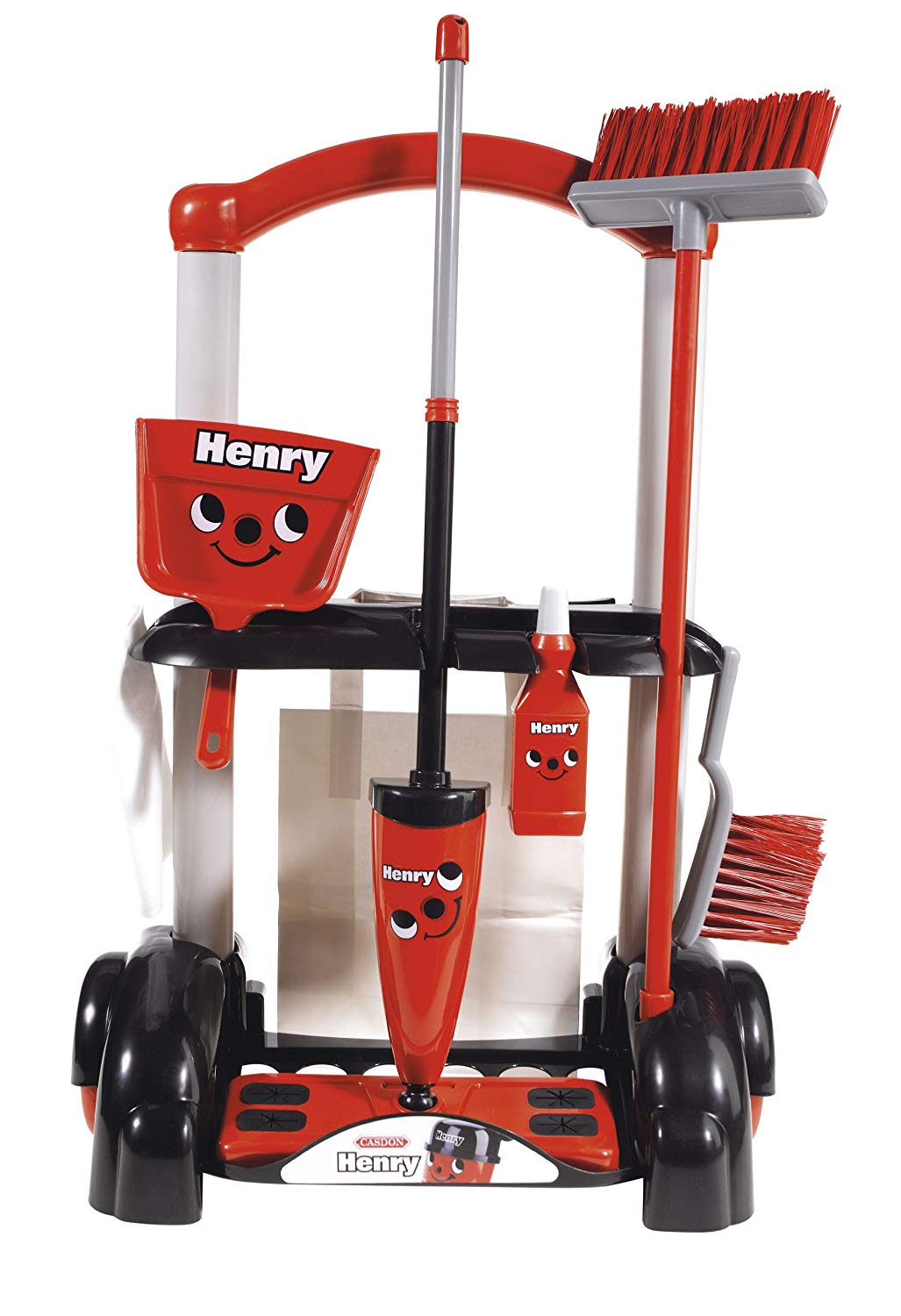 Casdon Henry & Hetty Toys, Henry Cleaning Trolley, Red Henry-Inspired Toy Playset with Mop, Brushes, Dustpan, & Accessories