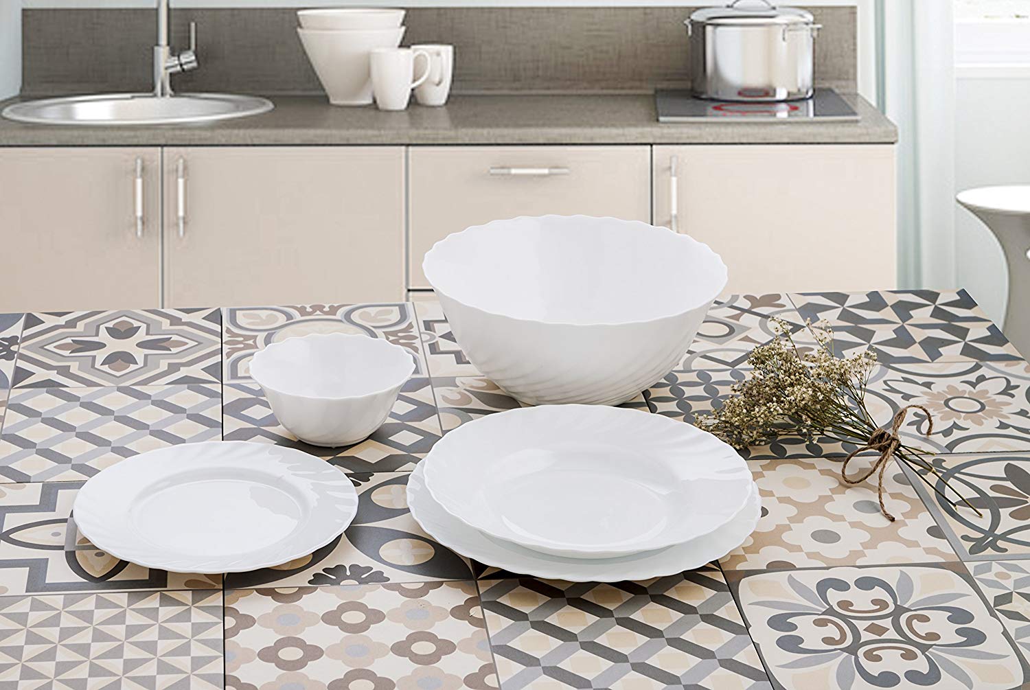 Porcelain Dinner Set 19 Piece Luminarc Kitchen Dinnerware Service Plate Ceramic, White, 19 ìezas - Image 2