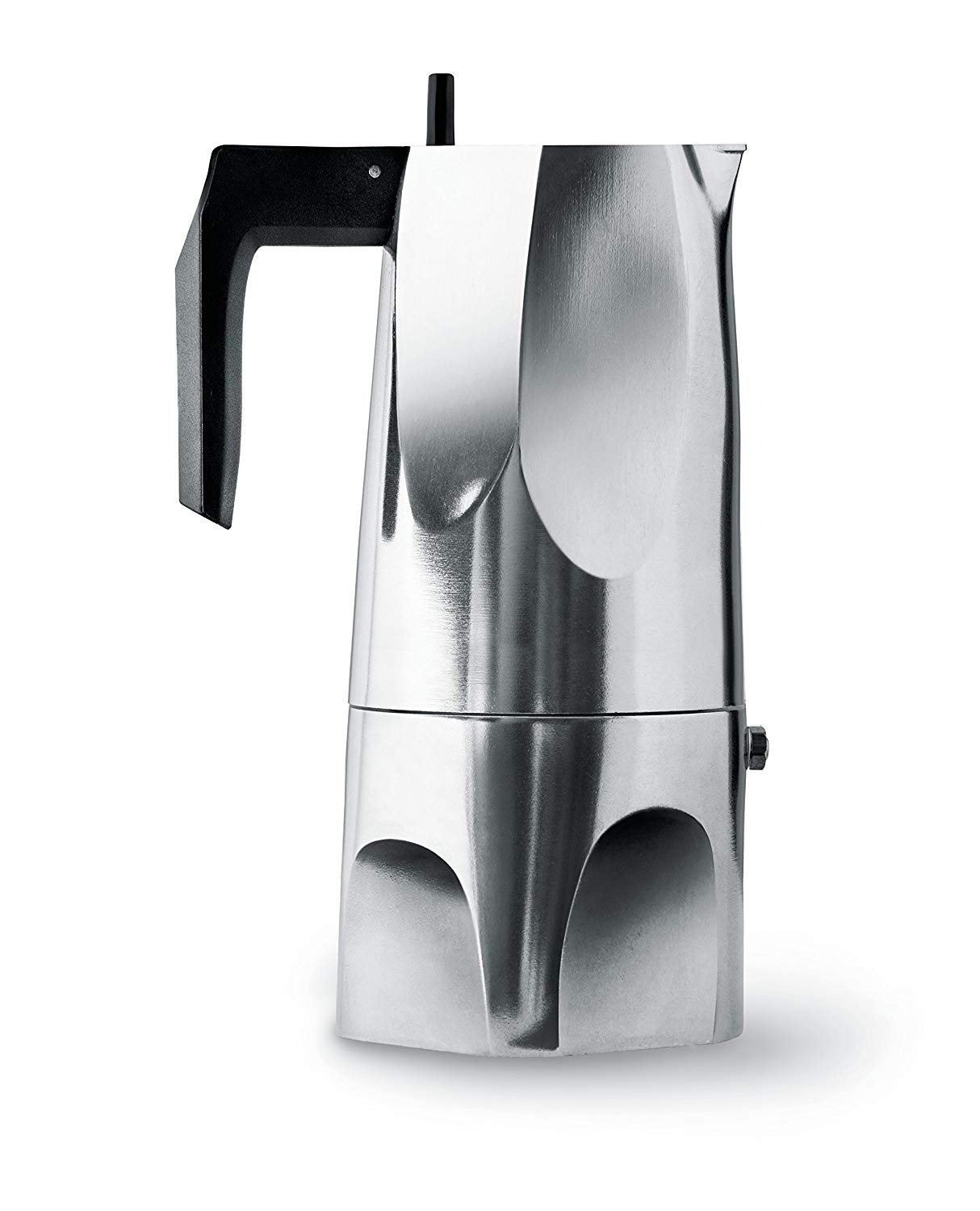 Alessi MT18/6 Ossidiana espresso coffee maker in aluminium casting. Handle and knob in black thermoplastic resin. 6 Cup