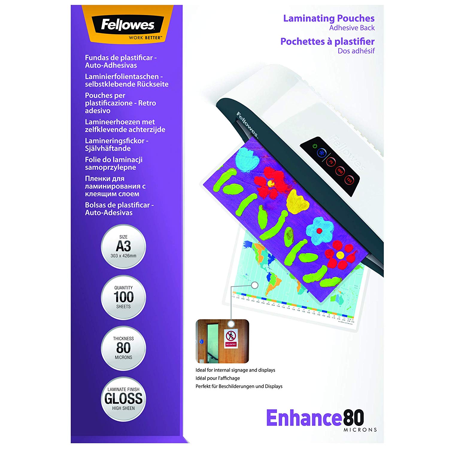 Fellowes Enhance 297x420mm A3 80 Micron Glossy Laminating Pouches with