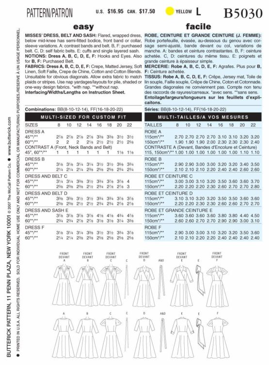Butterick Patterns B5030 Size FF 16-18-20-22 Misses Dress/Belt and Sash, Pack of 1, White - Image 2