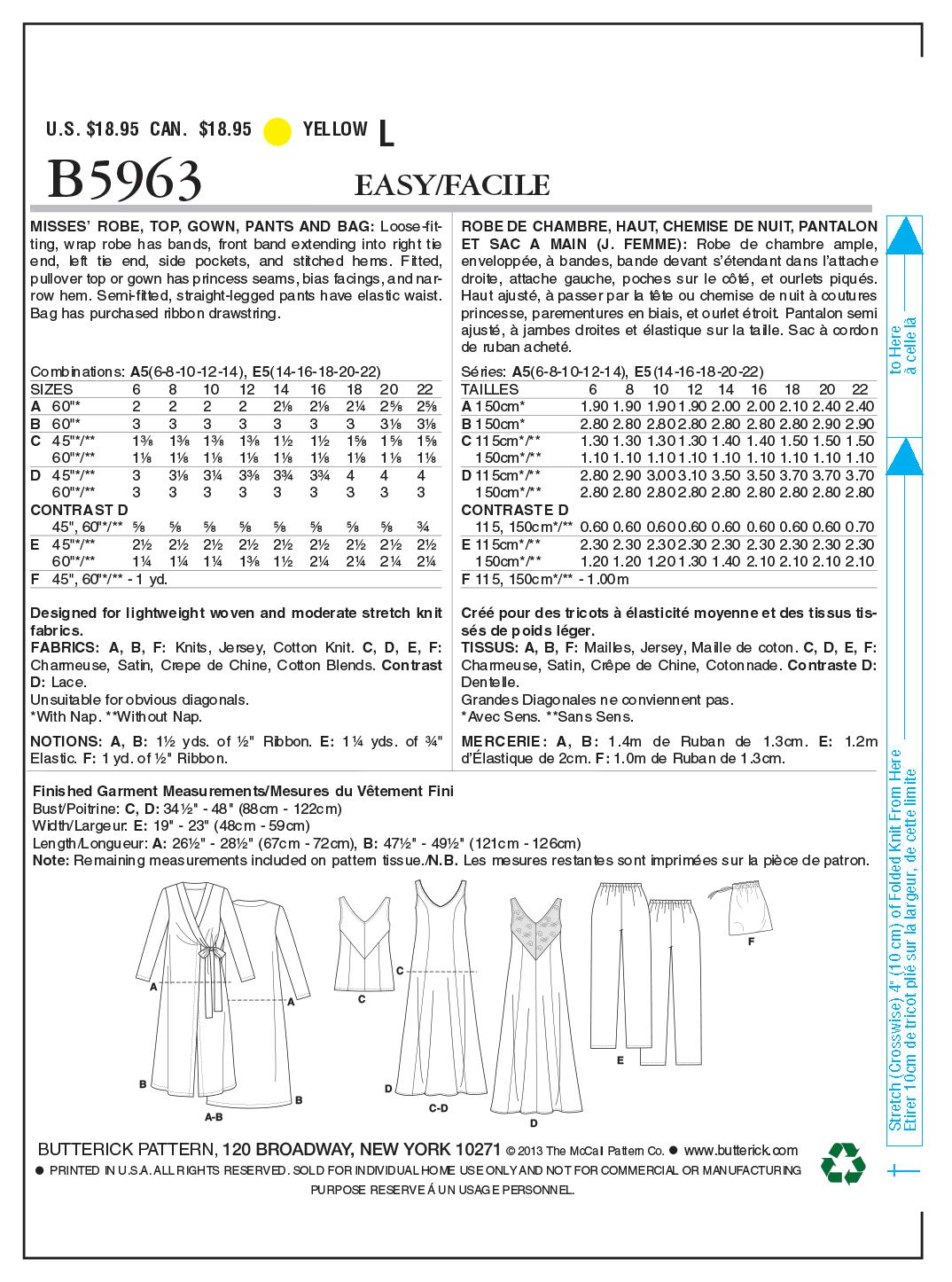 Butterick Patterns B5963 E5 Misses Robe/ Top/ Gown/ Pants and Bag, White, E5 (14-16-18-20-22) - Image 2