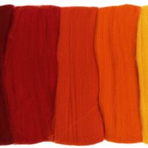 Rayher 5365200 Set of 5 Super Soft Merino Tops for Felting, Red and Yellow Coloured Roving, 10 g each, 100 Percent Merino Wool, 19 mic