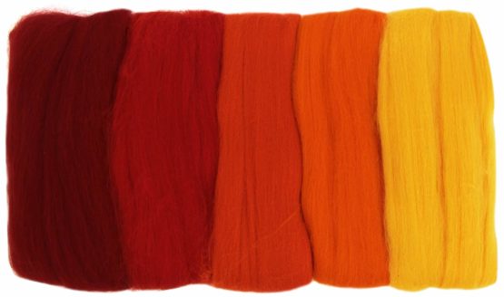 Rayher 5365200 Set of 5 Super Soft Merino Tops for Felting, Red and Yellow Coloured Roving, 10 g each, 100 Percent Merino Wool, 19 mic