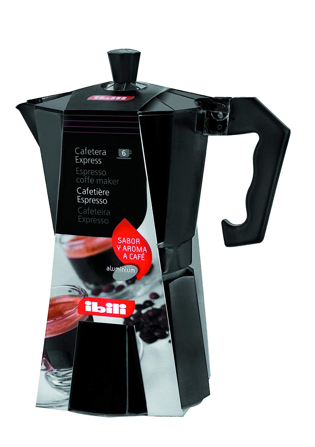 IBILI Bahia Espresso Moka Pot, Black, 6 Cups, 300 ml, Aluminium, Silver/Black, 18 x 16 x 12 cm