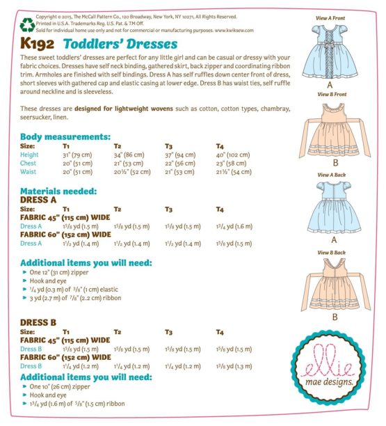 Kwik Sew Patterns K0192OSZ,Toddlers Dresses,Sizes T1-T2-T3-T4, One Envelope (T1-T4) - Image 4