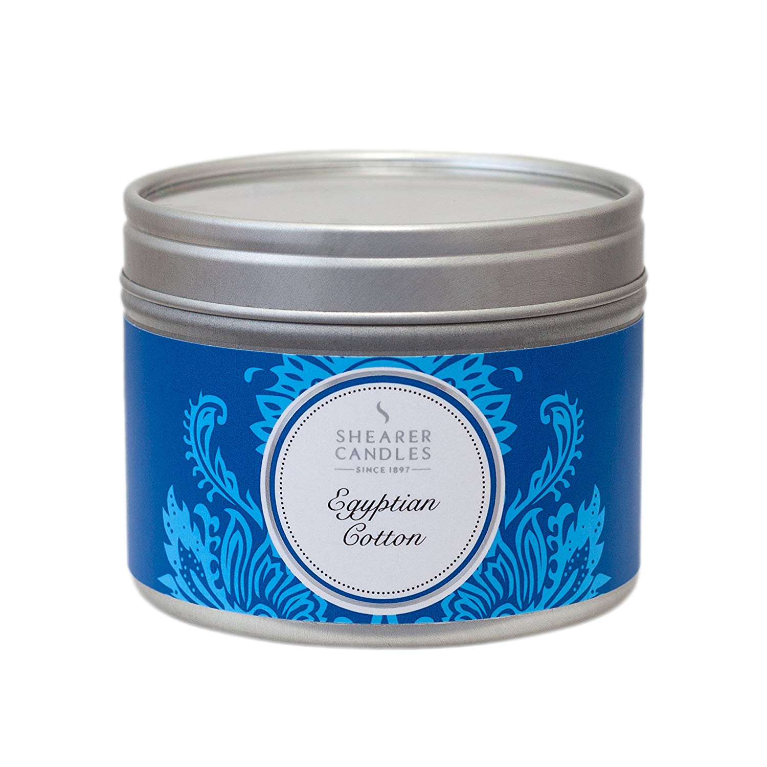Shearer Candles Egyptian Cotton Small Scented Silver Tin Candle - White, Silver and White, 6cm l x 6cm w x 4.7cm h