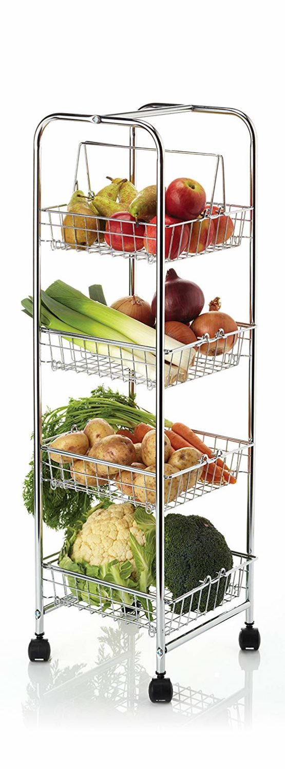 KitchenCraft Kitchen Trolley on Wheels with 4 Removable Vegetable Storage Baskets, Chrome Plated Metal