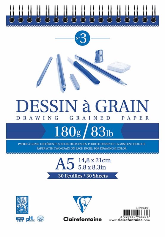 Clairefontaine 96633C White Grained Drawing Paper Pad, Wirebound, 180 g, A5, 30 Sheets