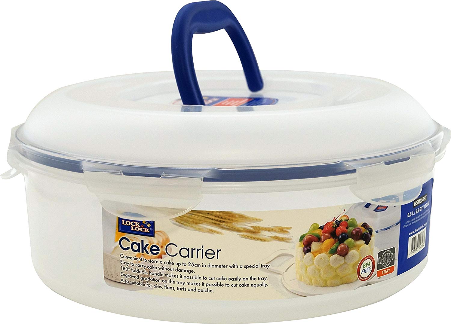 LocknLock Round Cake Box 5.5ltr + Tray & Carry Handle, Multicolour, 5.5 L