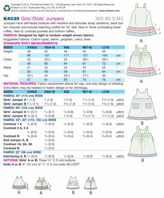 Kwik Sew Patterns K4039 OS Sizes Extra-Extra-Small - Extra-Small - Small - Medium - Large Girls/Dolls Jumpers - Image 2