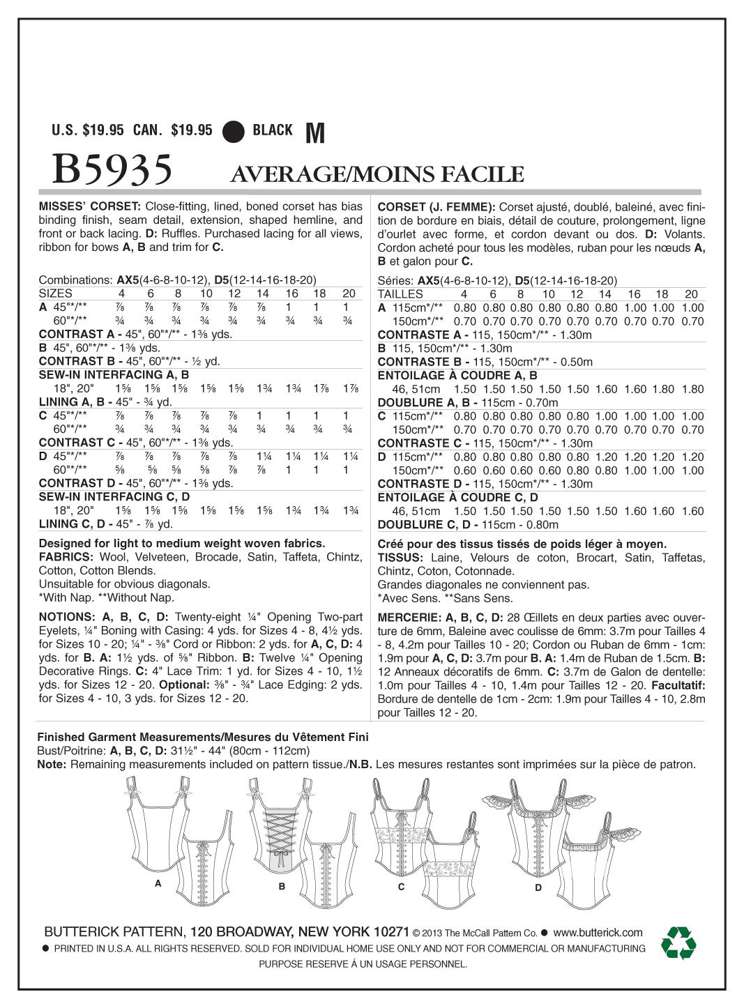 Butterick Patterns B5935 Size AX5 4 - 6 - 8 - 10 - 12 Misses' Corset, White, AX5 (4-6-8-10-12) - Image 2