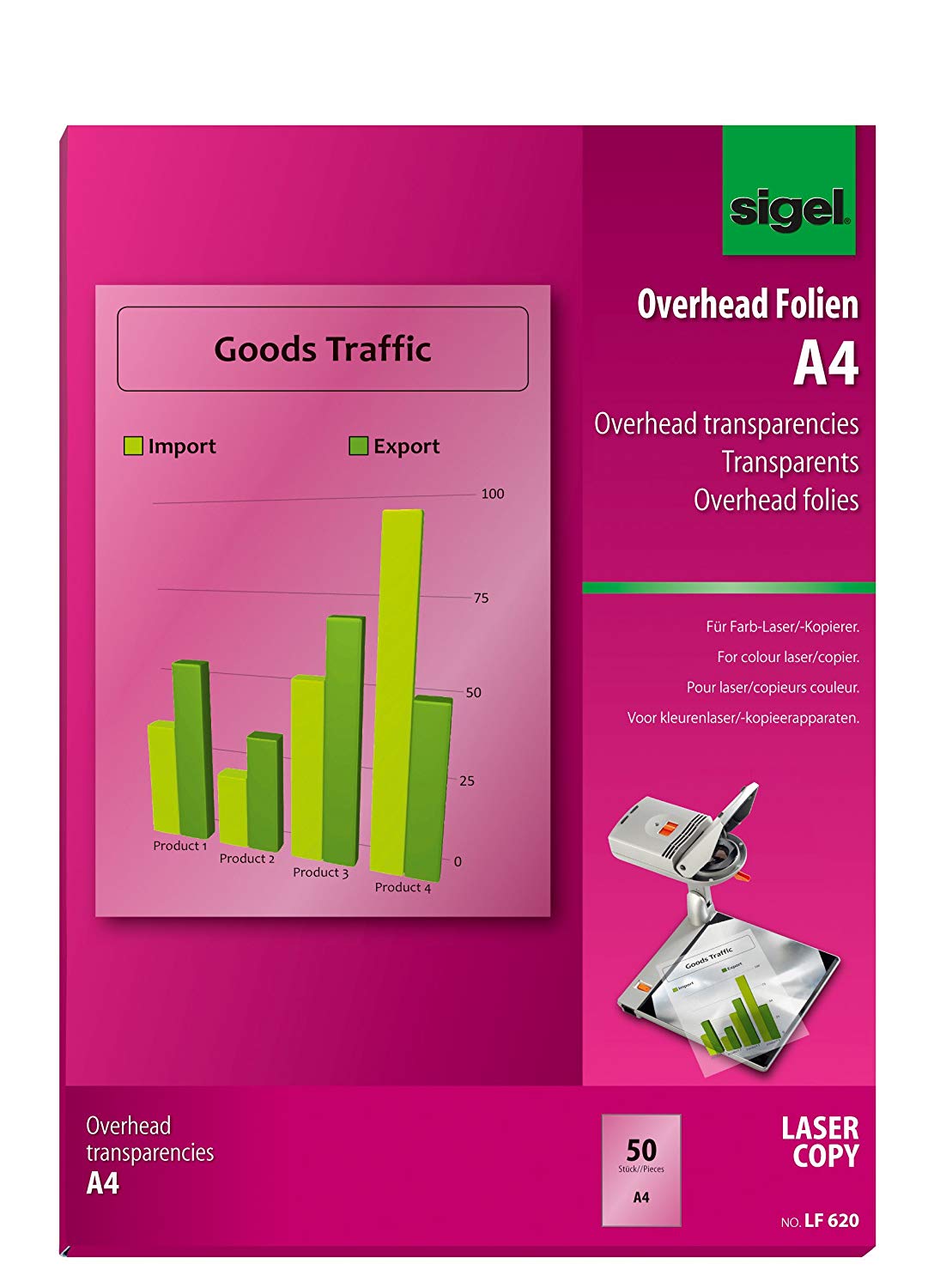 SIGEL LF620 Transparency Film for Colour Laser/Copier, clear, auto feed, heat resistant, for double-sided printouts, 125 mic