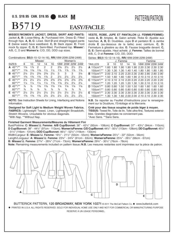 Butterick Patterns B5719 Size RR 18W-20W-22W-24W Misses'/ Women's Jacket, Dress, Skirt and Pants, Pack of 1, White - Image 2