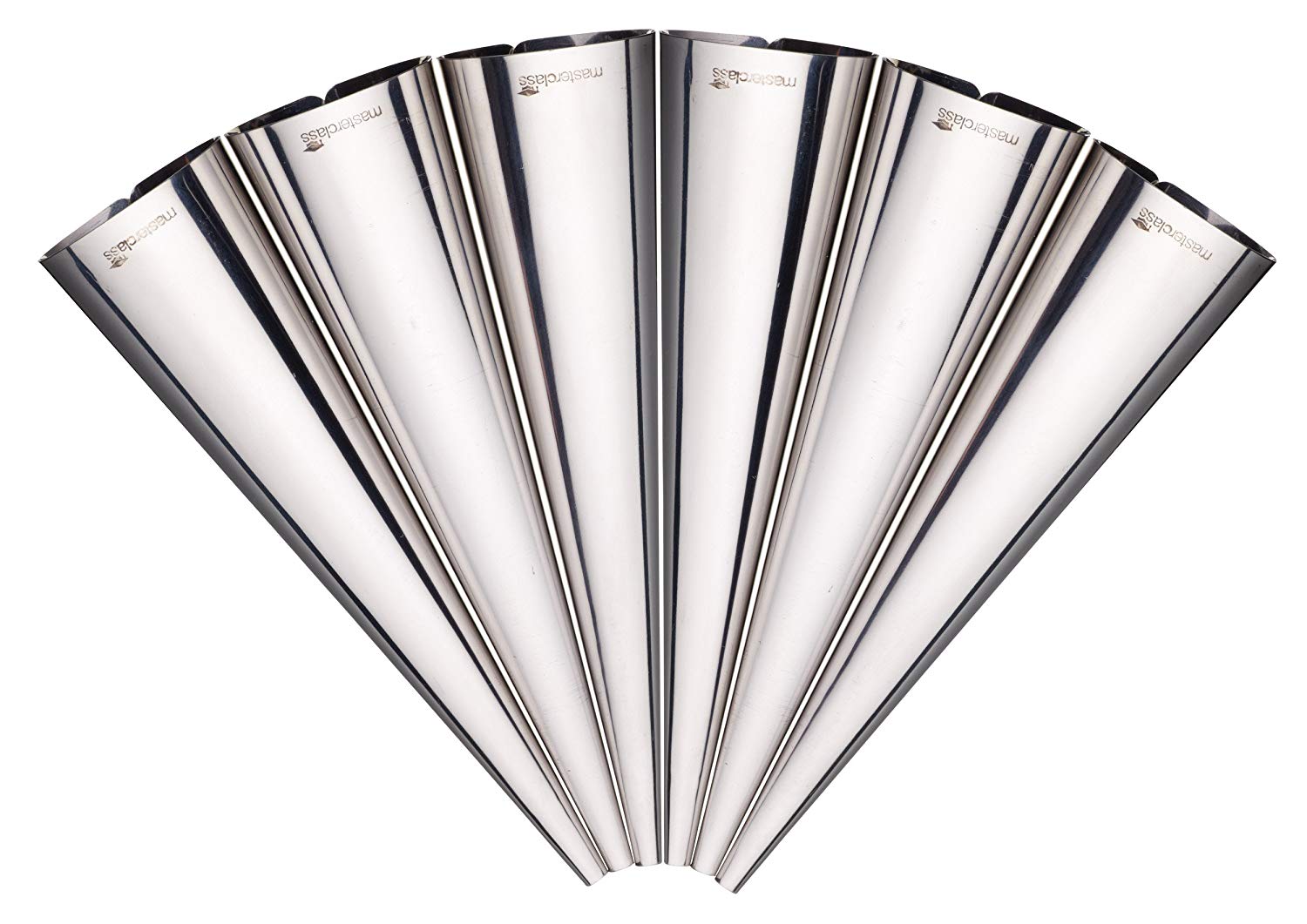 MasterClass Cream Horn Moulds, Stainless Steel, Pro Pastries Cone Shapers, Blister Packed, 6 Piece Set, Silver, 14 cm