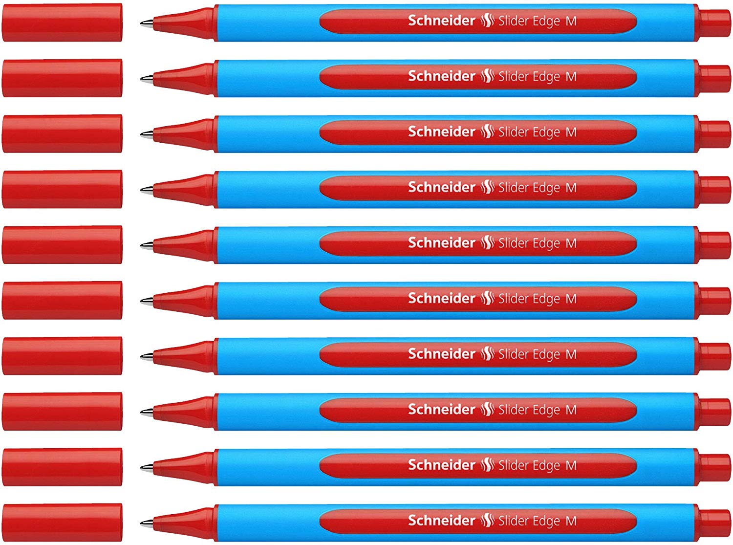 Schneider Slider Edge Ballpoint Pens with Cap Model M Pack of 10 / Cyan and Red Barrel / Red Ink