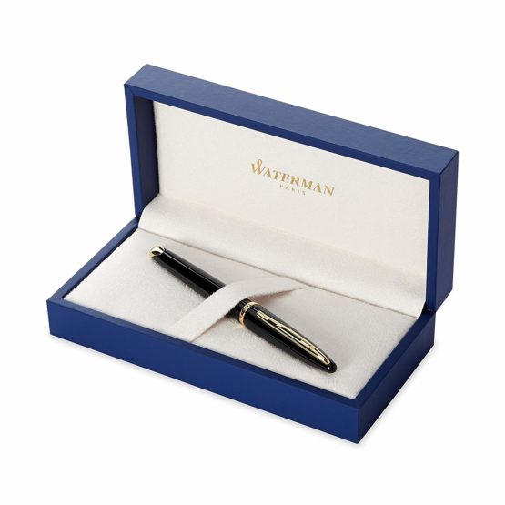 Waterman Carène Black Sea Fountain Pen, High-Gloss Black and 23k Gold Clip, Medium Nib with Blue Ink Cartridge, Gift Box