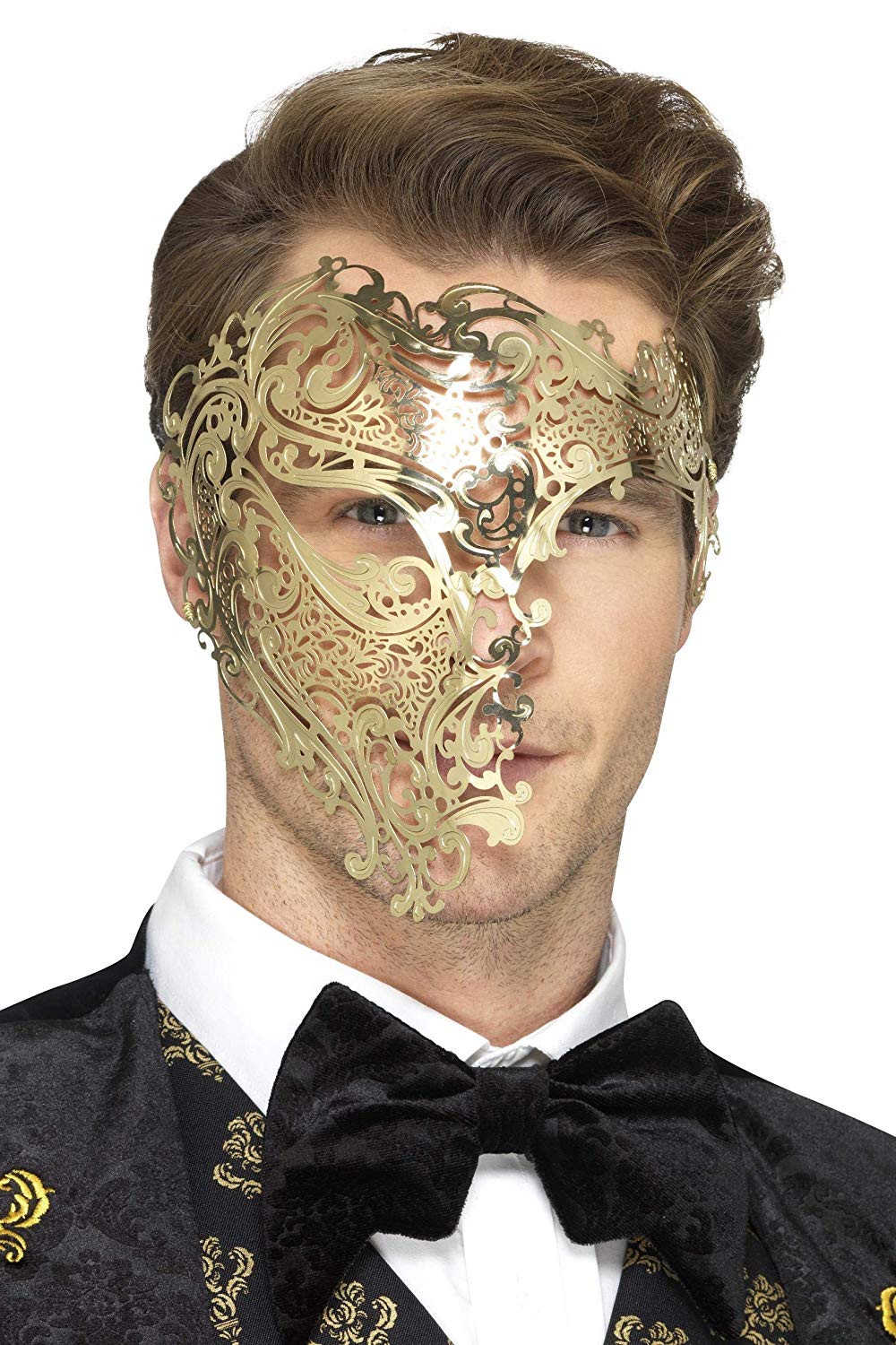 Smiffys Deluxe Metal Filigree Phantom Mask, Gold , Eyemasks Fancy Dress, Adult Dress Up Eye masks Halloween