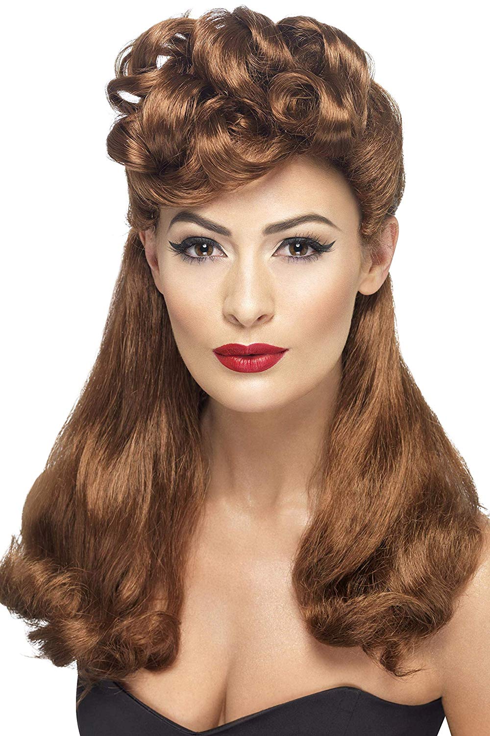 Smiffys 40s Vintage Wig, Auburn Long with Top Curls, 1940's Wartime Fancy Dress, 1940s Dress Up Wigs