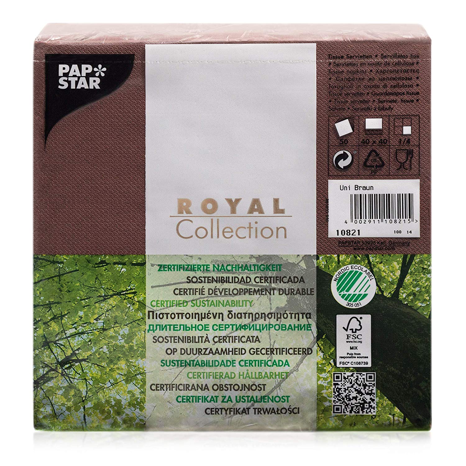 PAPSTAR Royal Collection 10821 Serviettes with 1/4 Fold 40 x 40 cm Brown Pack of 50, Square Dinner Size - Image 2