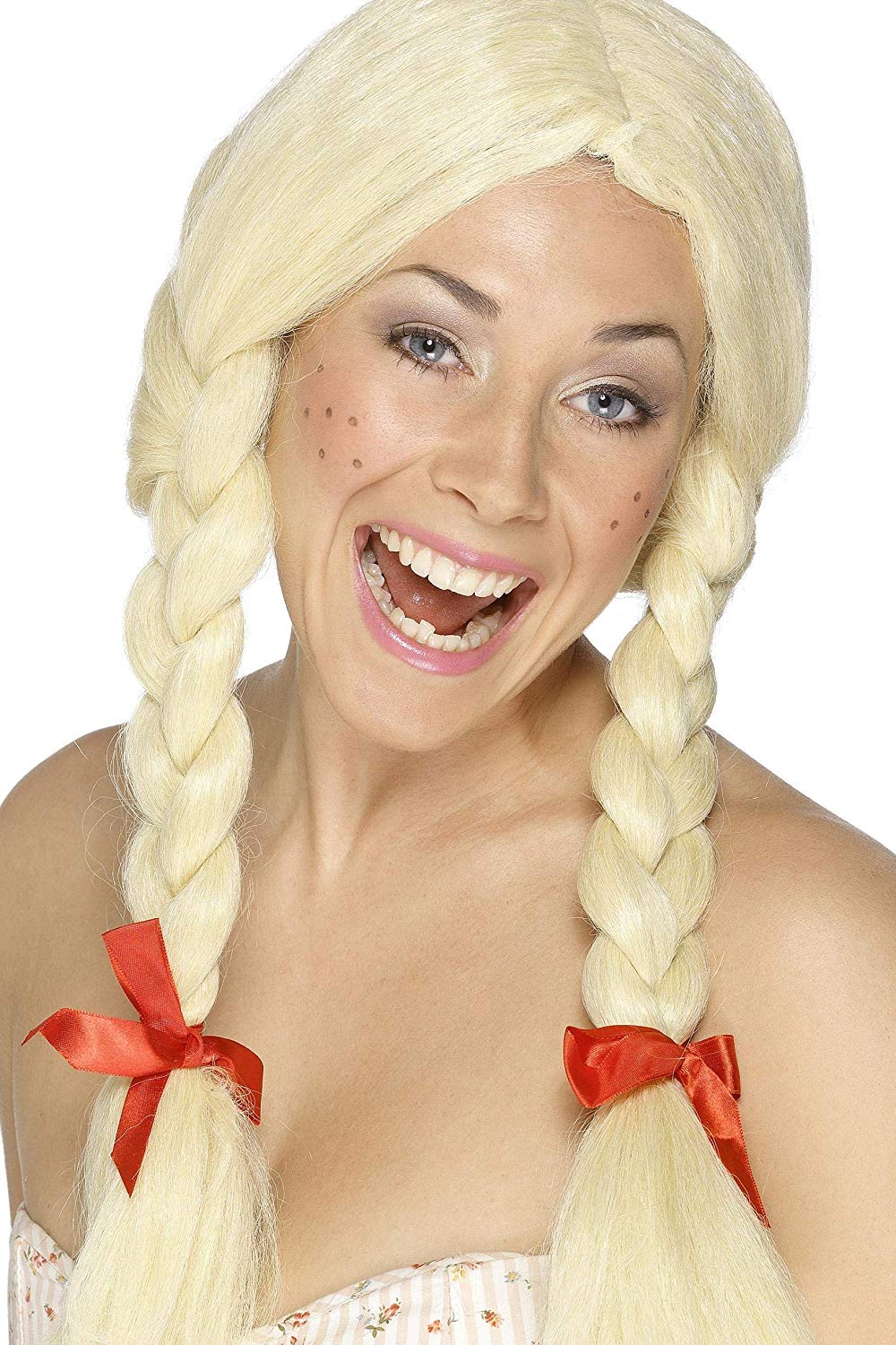 Smiffys Schoolgirl / Dutch Wig, Blonde Blonde, Plaits with Ribbons, School Days Fancy Dress, Adult Dress Up Wigs