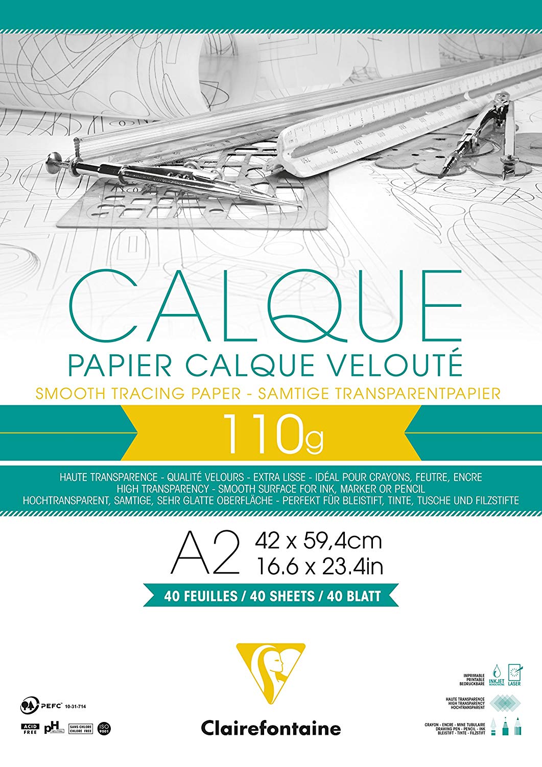 Clairefontaine, Ref 975108C, Tracing Paper Pad (40 Sheets), A2 Sized, 110g, High Transparency, Smooth Surface, Acid Free