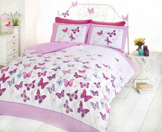 Art Girls Butterfly Duvet Cover Quilt Bedding Set, Cotton and Polyester, Pink, King