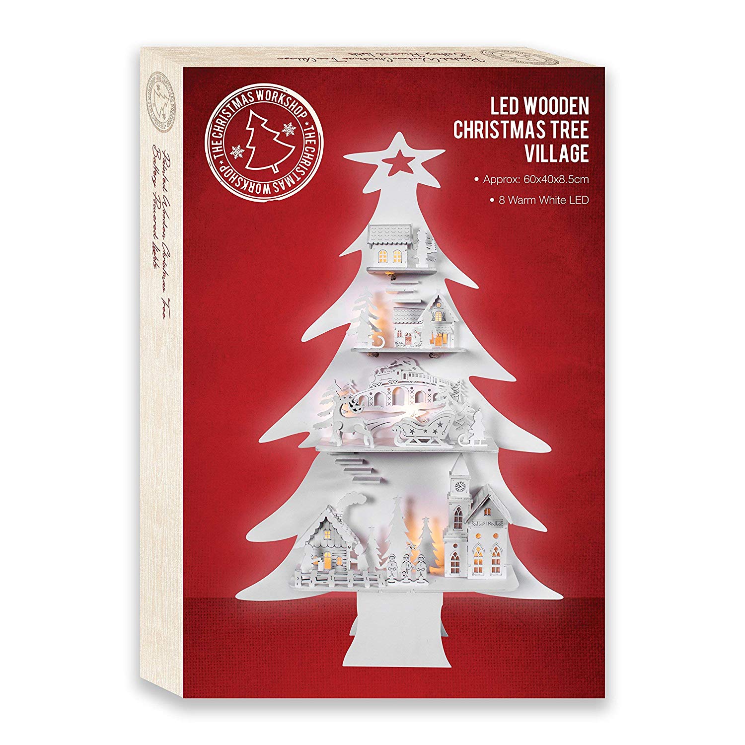 The Christmas Workshop 81310 LED Wooden Christmas Tree Village / 8 Warm White LED Lights / Indoor Christmas Decoration / Battery Operated / 60cm x 40cm x 8.5cm - Image 3