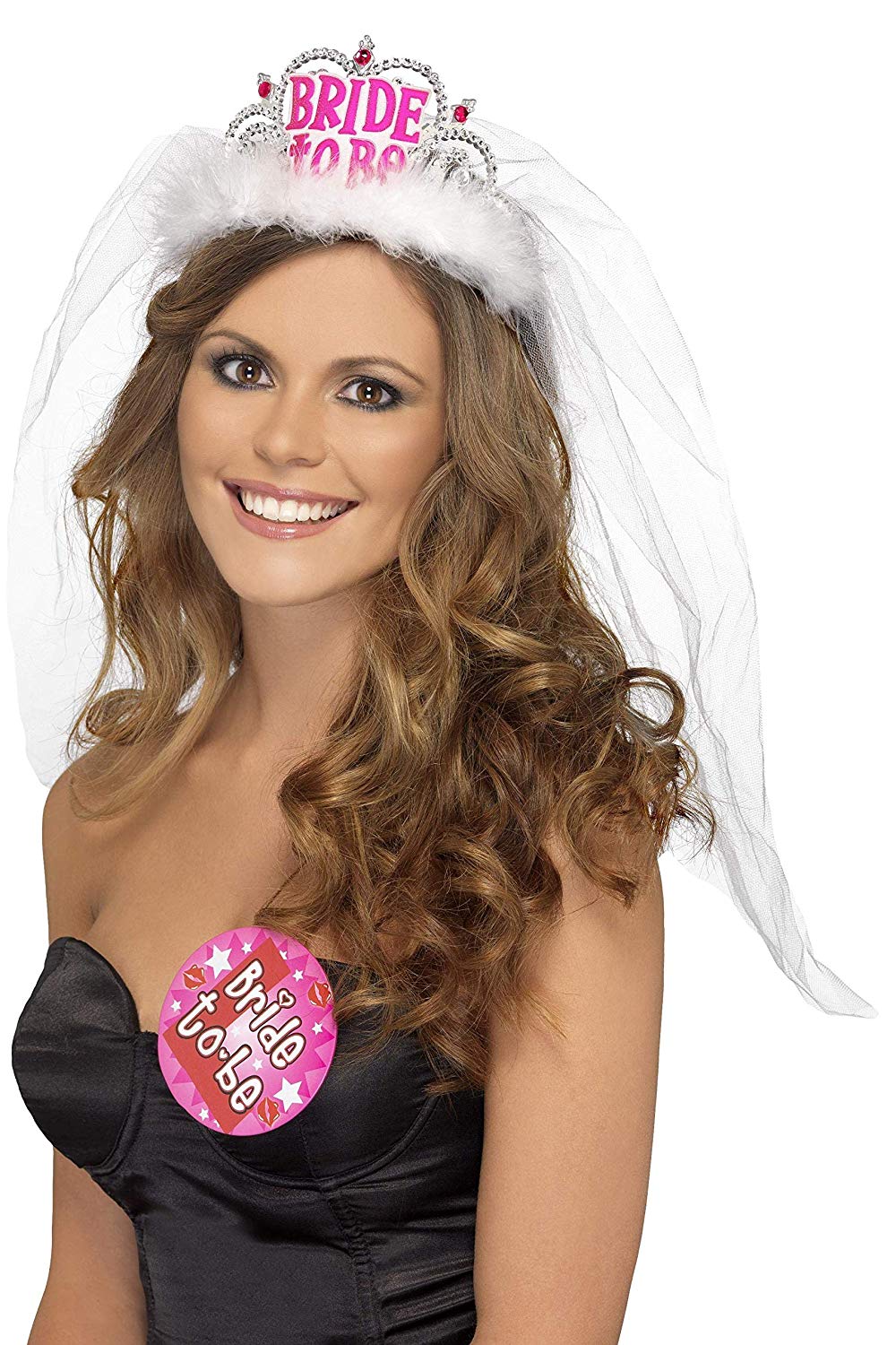 Smiffys Bride to Be Tiara with Veil, White with Pink Lettering, Hen & Stag Night Fancy Dress, One Size