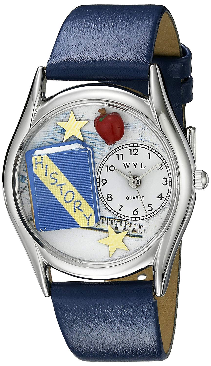Whimsical Watches History Teacher Royal Blue Leather and Silvertone Unisex Quartz Watch with White Dial Analogue Display and Multicolour Leather Strap S-0640009