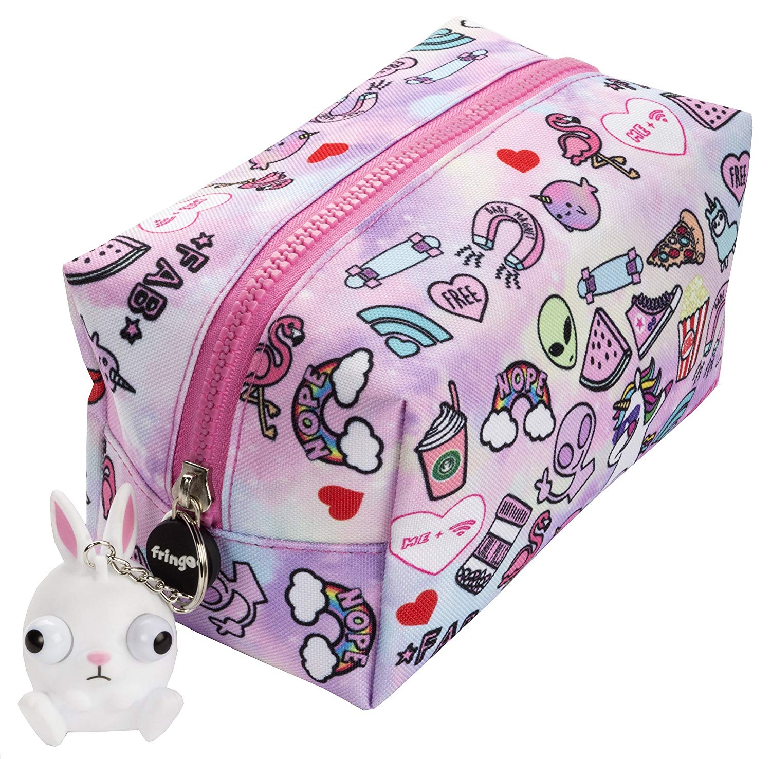 Fringoo® Large Square Pencil Case for Kids Stationery Pouch with Eye Popper Zip Puller (Teen Doodles)