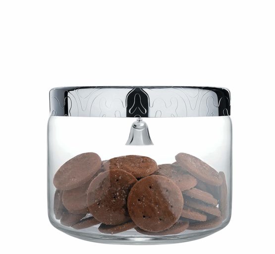 Alessi "Dressed Cookie Jar in Glass Lid in 18/10 Stainless Steel Mirror Polished With Bell And Relief Decoration, Silver - Image 3