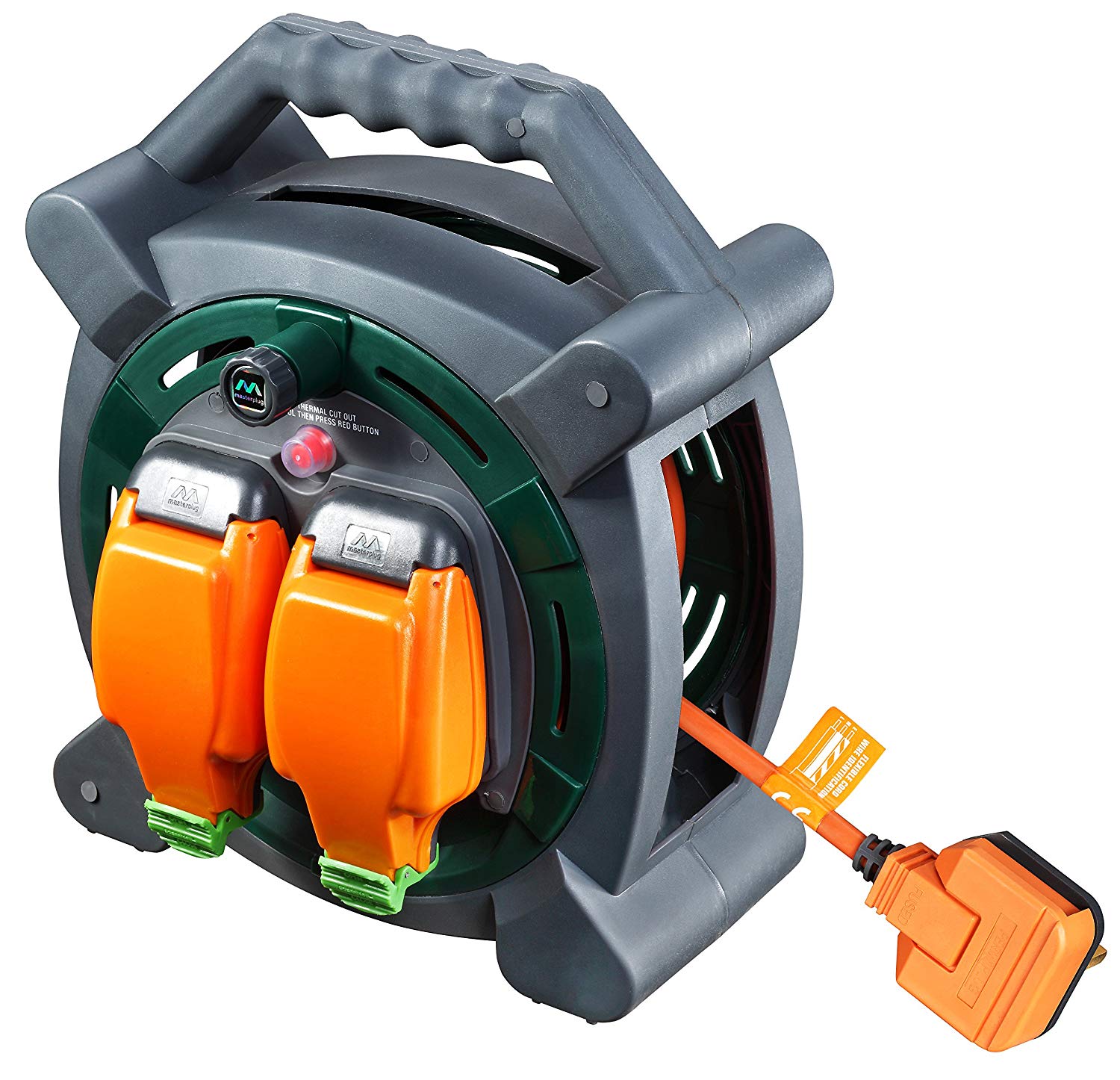 Masterplug Two Socket Retractable Weatherproof Case Reel, Extension Lead Cable Reel, Wind-Up Power Cord Reel, Thermal Cut Out