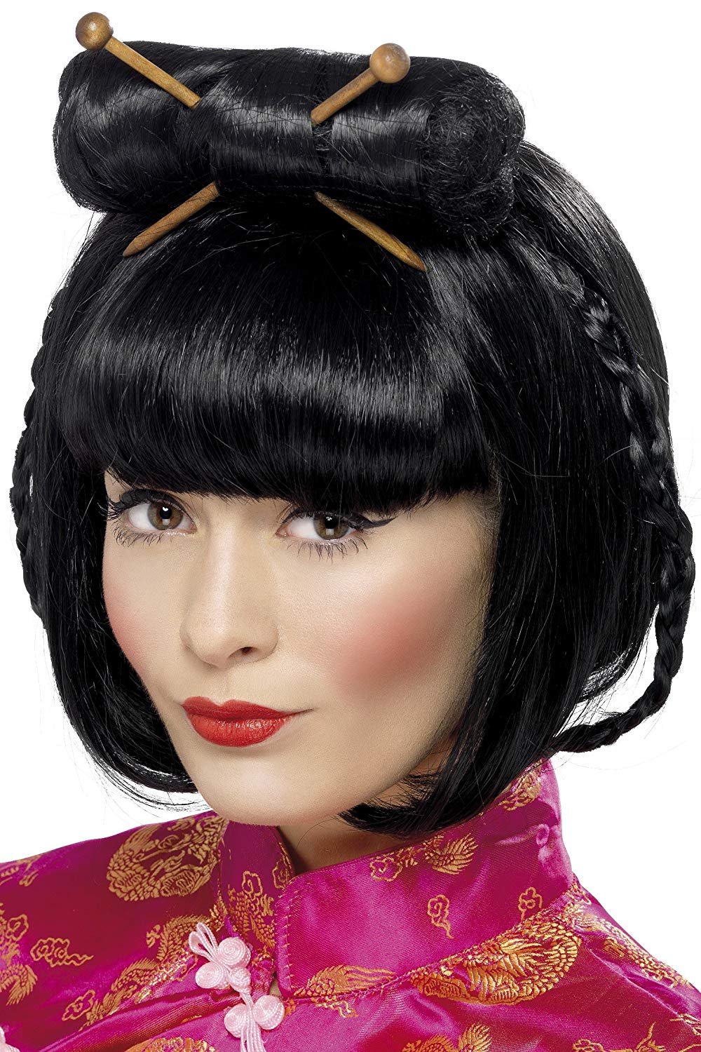 Smiffys Oriental Lady Wig, Black Mid Length with Chopsticks, Around The World Fancy Dress, Adult Dress Up Wigs - Image 2