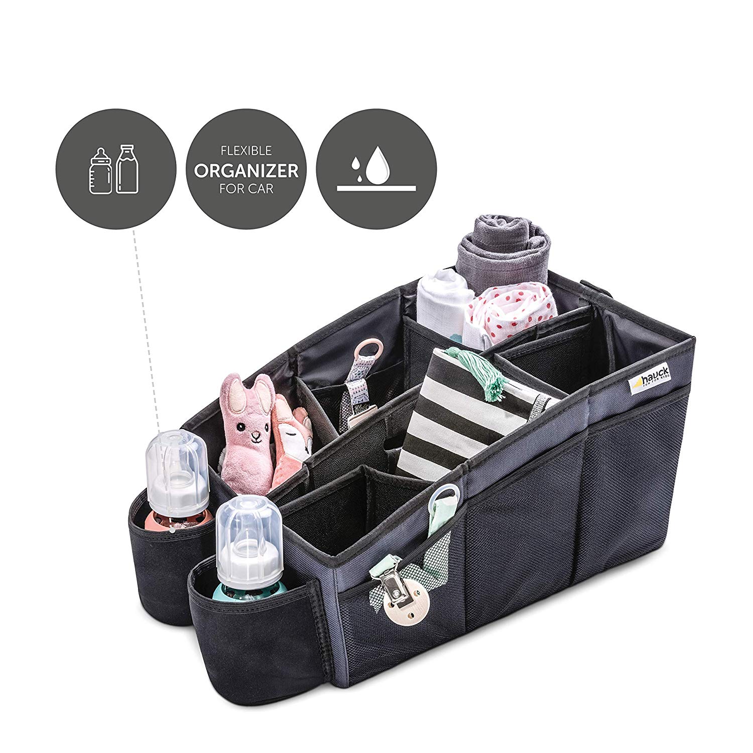 Hauck Organize Me Car Seat Organizer Back Seat with Belt Attachment and Carry Handle, Cup Holders and Foldable Pockets, Grey - Image 2