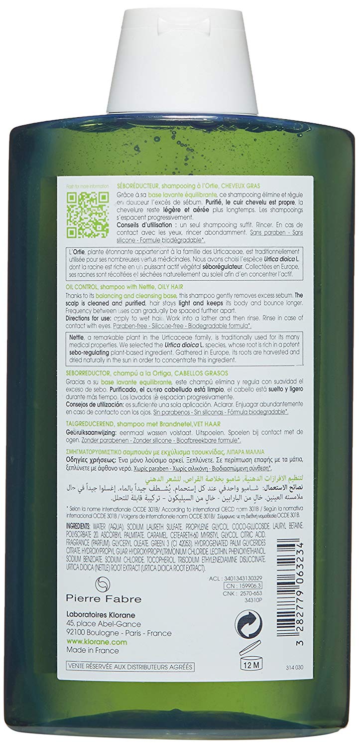 Klorane Oil Control Shampoo with Nettle 400ml, Transparent, 400 ml (Pack of 1) - Image 2