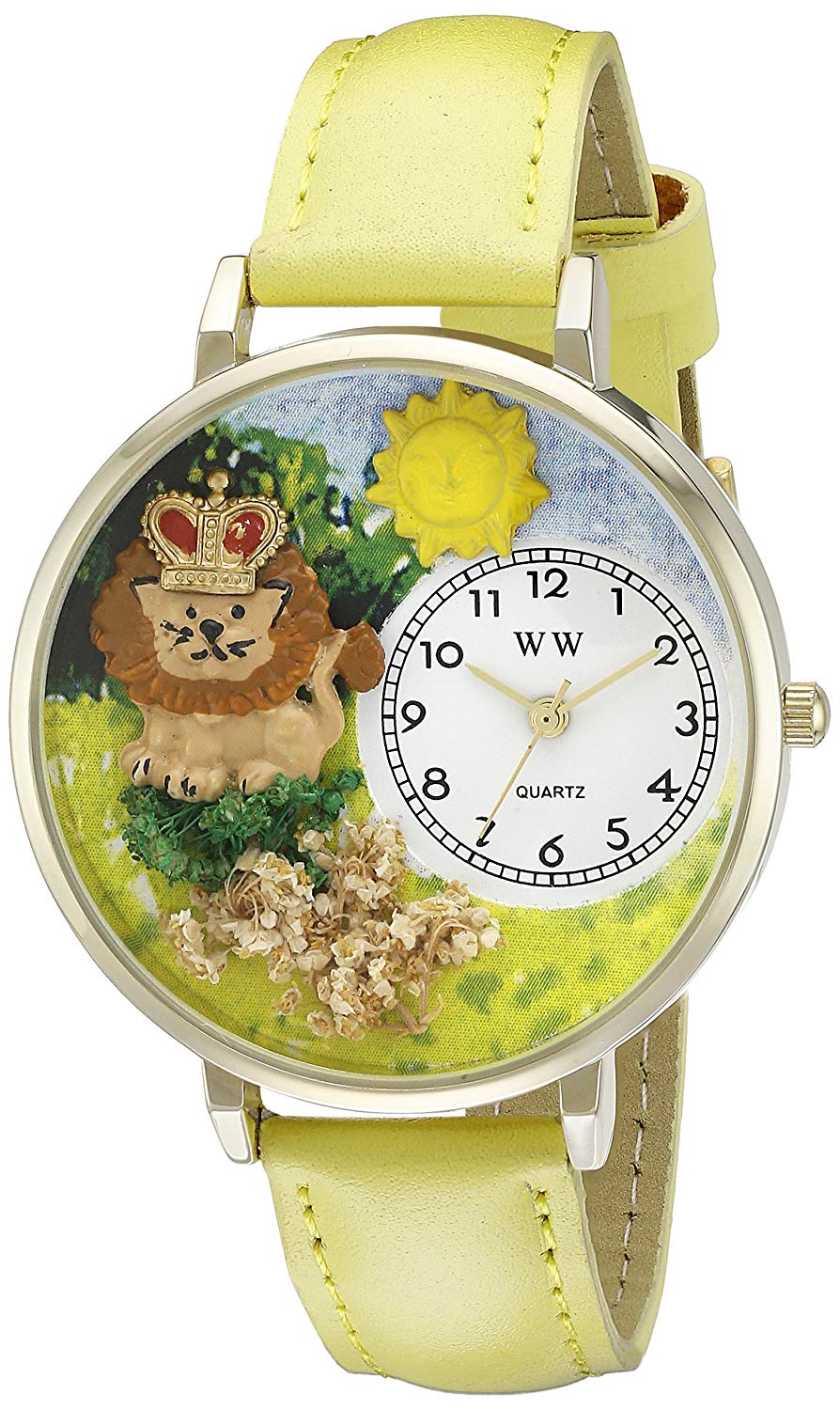 Whimsical Watches Lion Yellow Leather and Goldtone Unisex Quartz Watch with White Dial Analogue Display and Multicolour Leather Strap G-1610006