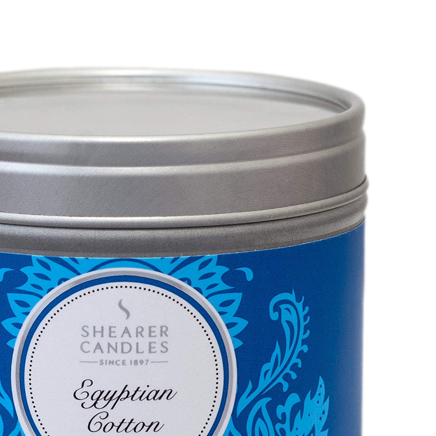 Shearer Candles Egyptian Cotton Small Scented Silver Tin Candle - White, Silver and White, 6cm l x 6cm w x 4.7cm h - Image 2