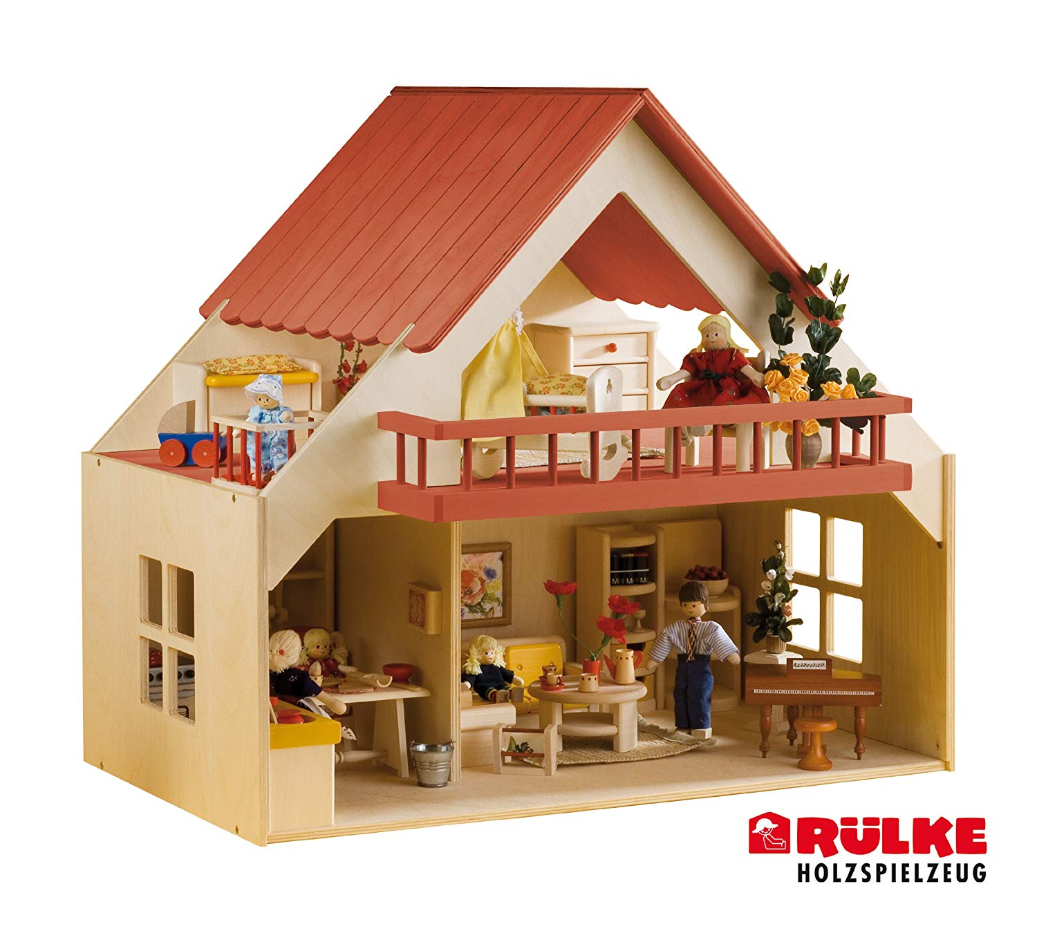 Rülke Holzspielzeug 23193 House with Balcony Red, Wood Colour, Red, 57x33x54 centimeter