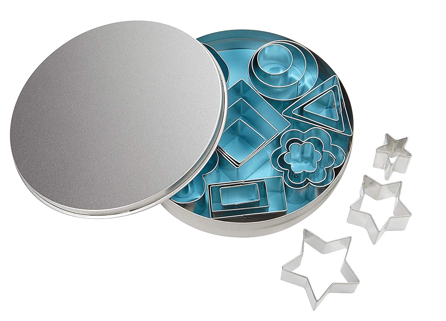 Rayher 24 Piece Metal Cookie Cutter Set, Assorted Cutters with Storage Tin, Geometric Shapes, Heart-Shaped, Flower-Shaped
