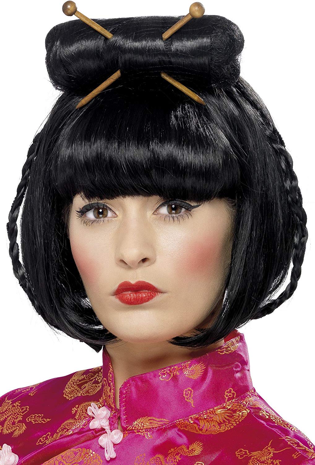 Smiffys Oriental Lady Wig, Black Mid Length with Chopsticks, Around The World Fancy Dress, Adult Dress Up Wigs