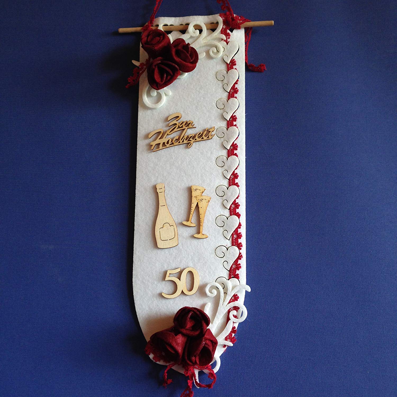 News A-TSF16 VG01 Petra's Craft making Türschal 'Zur Hochzeit'Fertigmaß, 44 x 13.5 CM Wooden/felt, White, 44 cm - Image 3