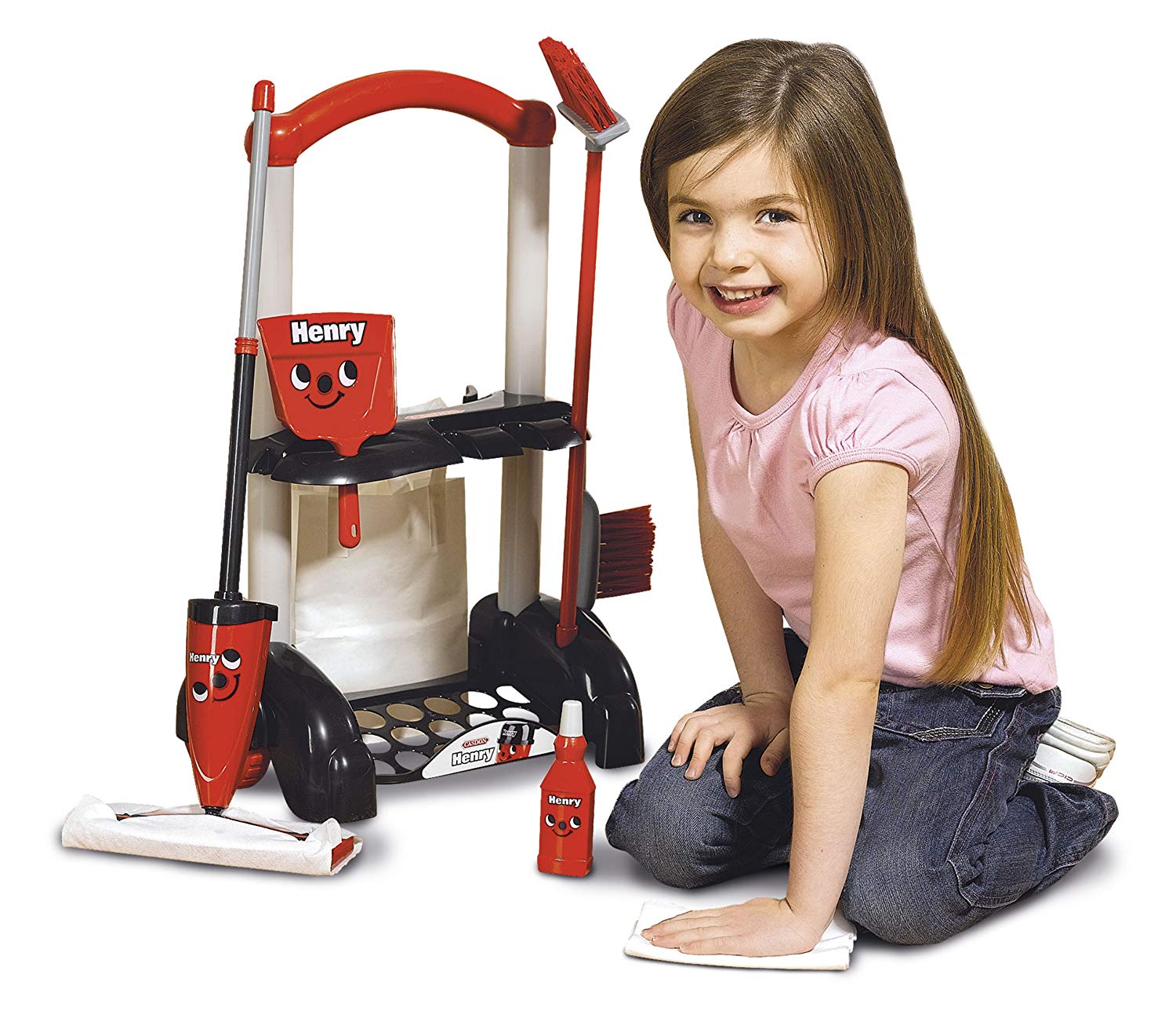 Casdon Henry & Hetty Toys, Henry Cleaning Trolley, Red Henry-Inspired Toy Playset with Mop, Brushes, Dustpan, & Accessories - Image 4