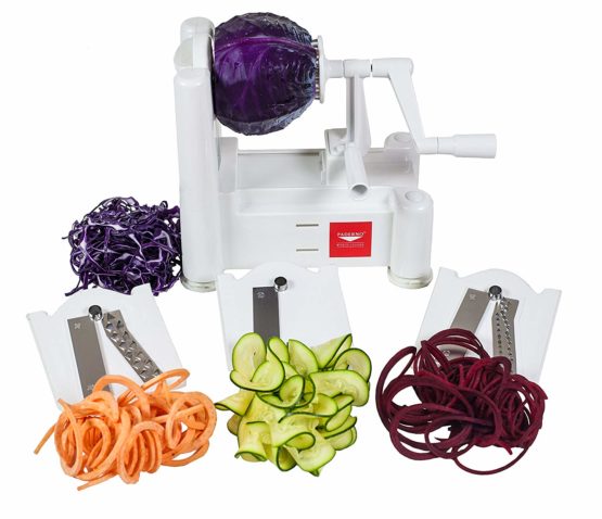 Paderno World Cuisine Spiral Vegetable Slicer/Countertop-Mounted Plastic Spiralizer Basic incl. 3 Different Blades Made of Stainless Steel