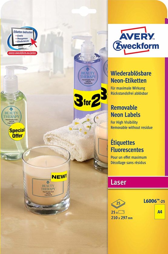 Avery Zweckform L6006-20 Removable Neon Labels A4 Pack of 25/210 x 297 mm 25 Sheets Neon Yellow