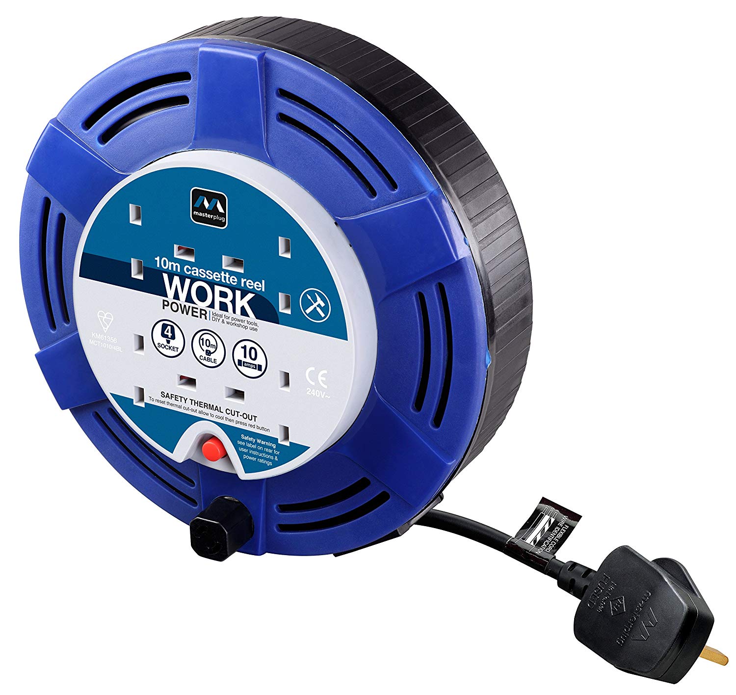 Masterplug Four Socket, 10 Metre Cassette Reel, Medium Extension Lead Cable Reel, Wind-Up Retractable Power Cord Reel